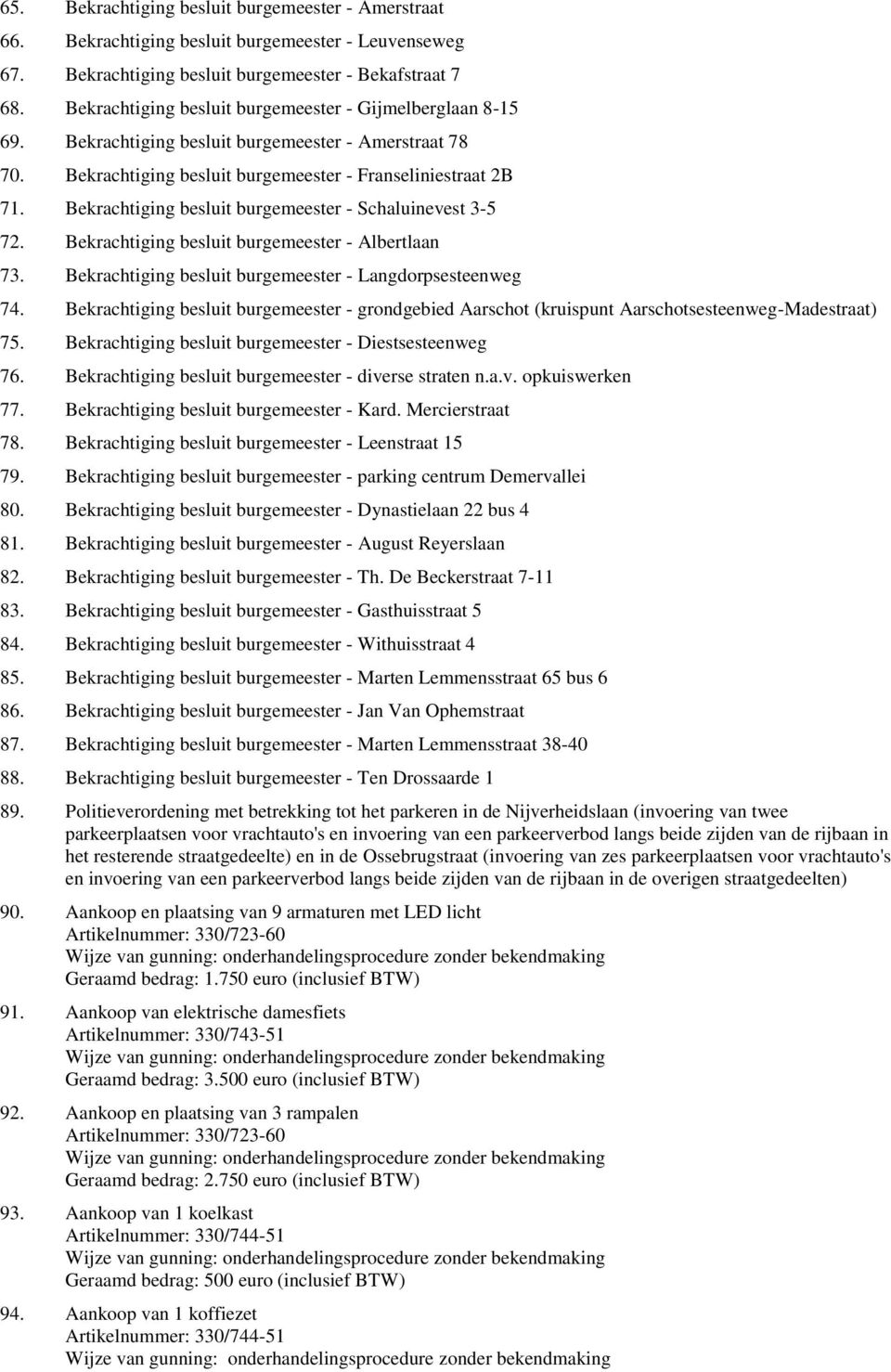 Bekrachtiging besluit burgemeester - Schaluinevest 3-5 72. Bekrachtiging besluit burgemeester - Albertlaan 73. Bekrachtiging besluit burgemeester - Langdorpsesteenweg 74.