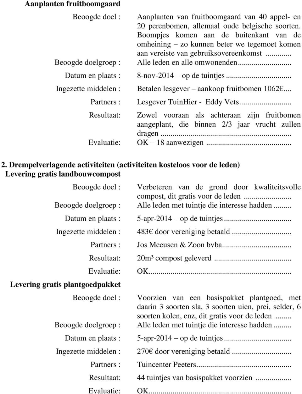 .. Datum en plaats : 8-nov-2014 op de tuintjes... Ingezette middelen : Betalen lesgever aankoop fruitbomen 1062... Partners : Lesgever TuinHier - Eddy Vets.