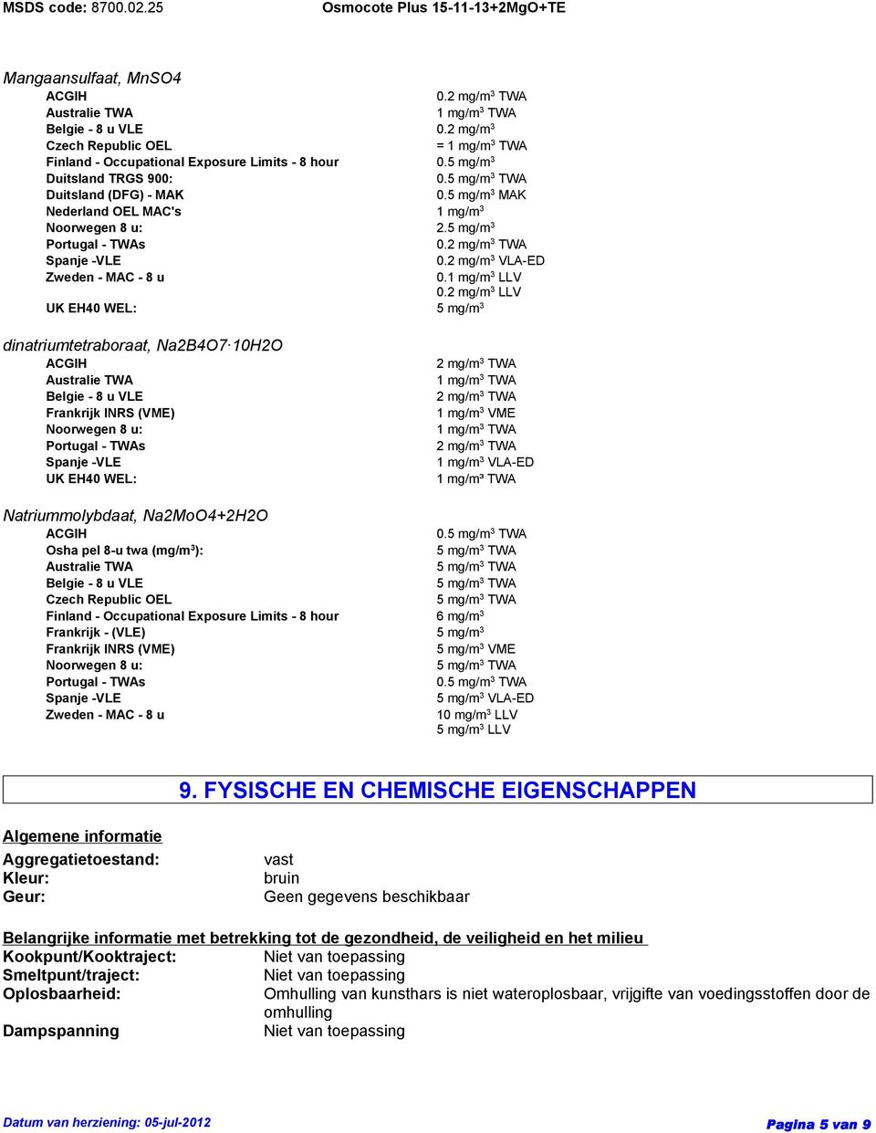 2 mg/m 3 LLV UK EH40 WEL: 5 mg/m 3 dinatriumtetraboraat, Na2B4O7 10H2O Frankrijk INRS (VME) Noorwegen 8 u: UK EH40 WEL: 2 mg/m 3 TWA 2 mg/m 3 TWA 1 mg/m 3 VME 2 mg/m 3 TWA 1 mg/m 3 VLA-ED 1 mg/m³ TWA