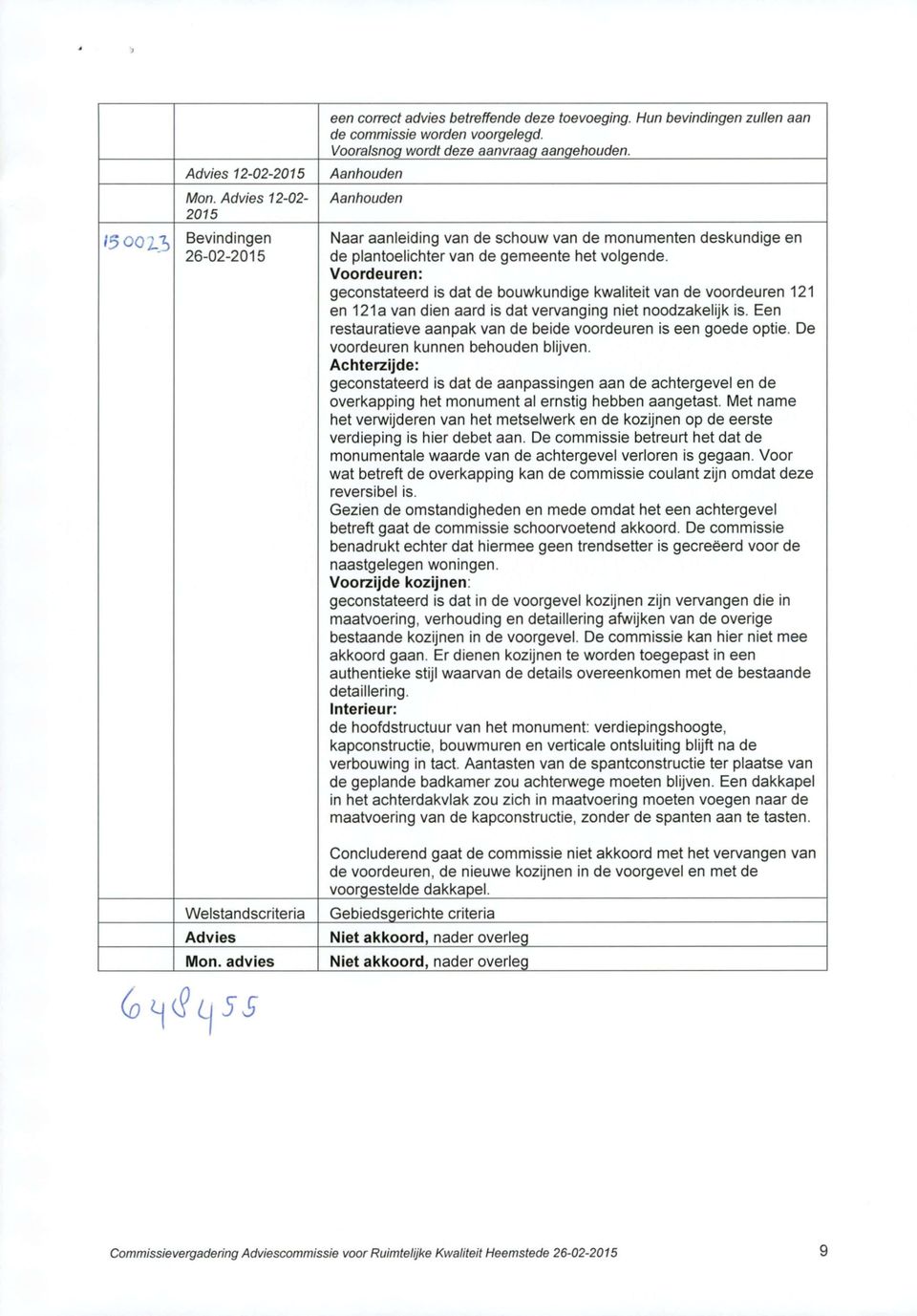 Voordeuren: geconstateerd is dat de bouwkundige kwaliteit van de voordeuren 121 en 121a van dien aard is dat vervanging niet noodzakelijk is.