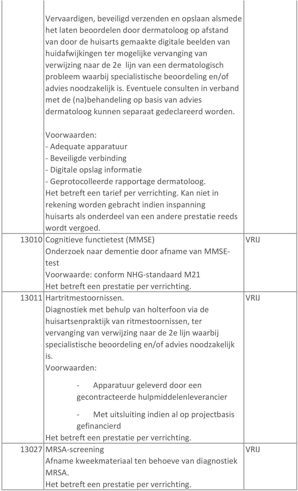 Eventuele consulten in verband met de (na)behandeling op basis van advies dermatoloog kunnen separaat gedeclareerd worden.