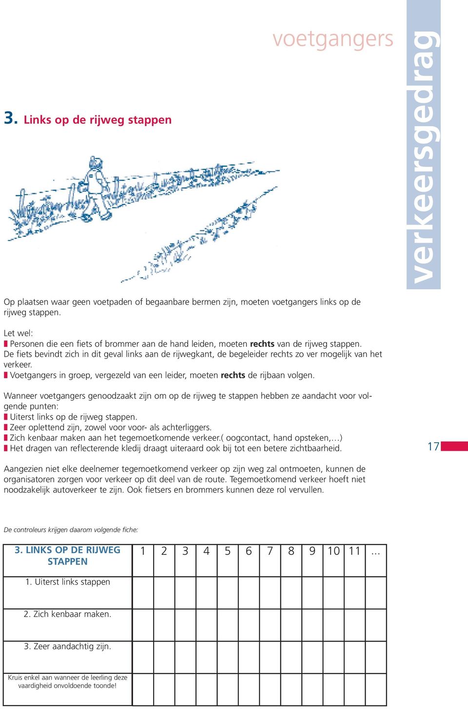 De fiets bevindt zich in dit geval links aan de rijwegkant, de begeleider rechts zo ver mogelijk van het verkeer. Voetgangers in groep, vergezeld van een leider, moeten rechts de rijbaan volgen.