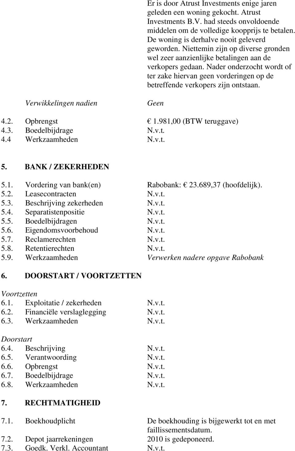 Nader onderzocht wordt of ter zake hiervan geen vorderingen op de betreffende verkopers zijn ontstaan. Verwikkelingen nadien Geen 4.2. Opbrengst 1.981,00 (BTW teruggave) 4.3. Boedelbijdrage N.v.t. 4.4 Werkzaamheden N.