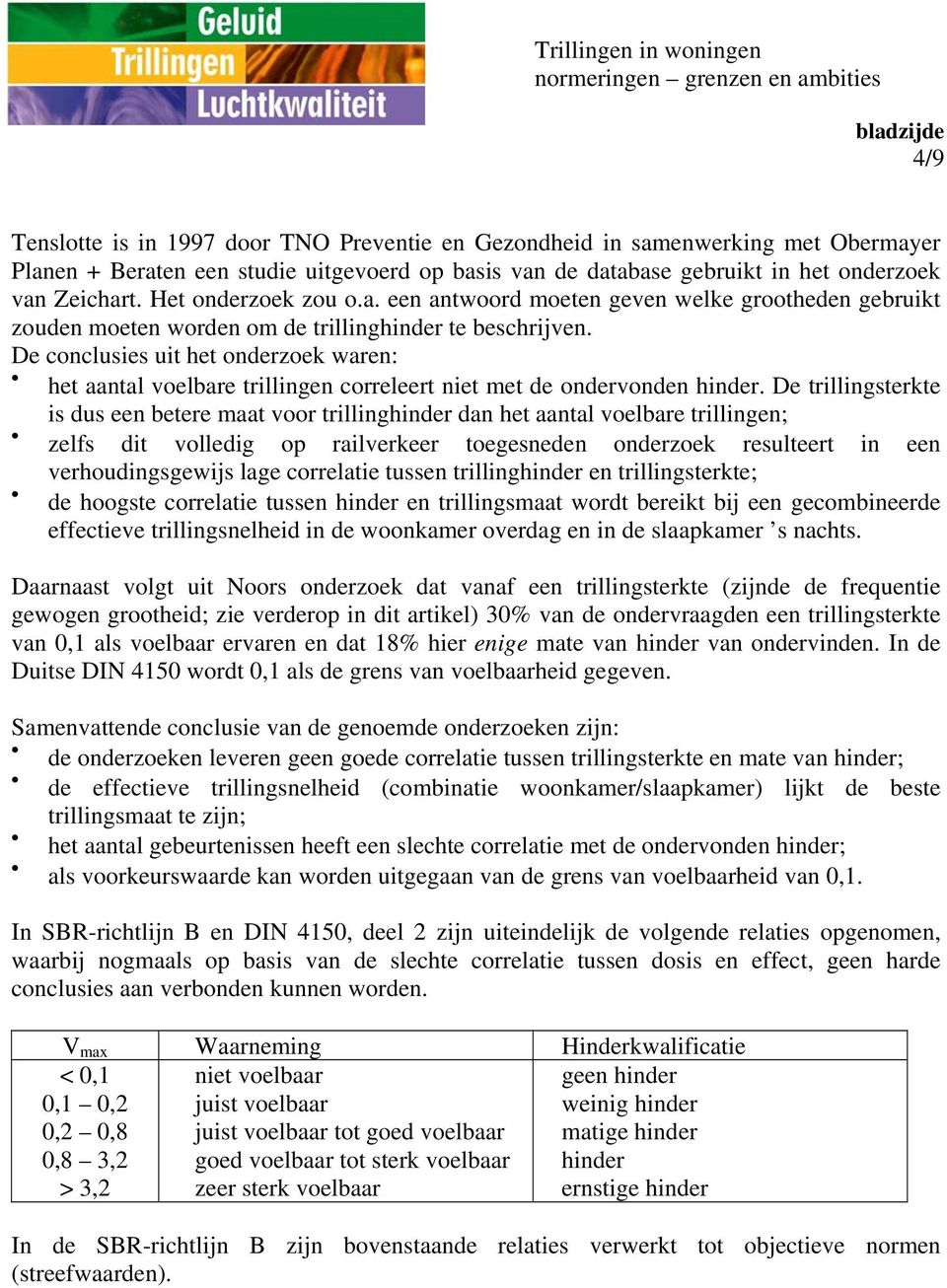 De conclusies uit het onderzoek waren: het aantal voelbare trillingen correleert niet met de ondervonden hinder.