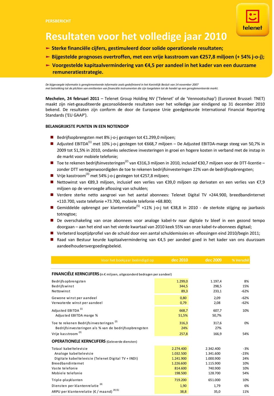 De bijgevoegde informatie is gereglementeerde informatie zoals gedefinieerd in het Koninklijk Besluit van 14 november 2007 met betrekking tot de plichten van emittenten van financiële instrumenten