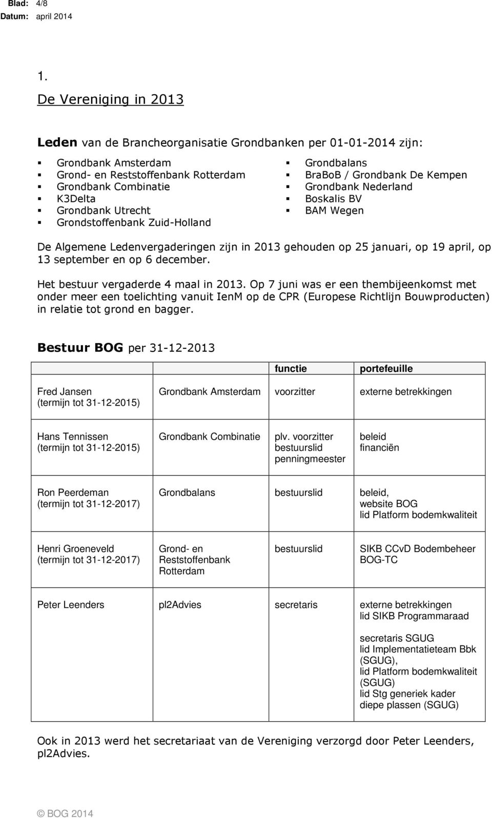 Grondstoffenbank Zuid-Holland Grondbalans BraBoB / Grondbank De Kempen Grondbank Nederland Boskalis BV BAM Wegen De Algemene Ledenvergaderingen zijn in 2013 gehouden op 25 januari, op 19 april, op 13
