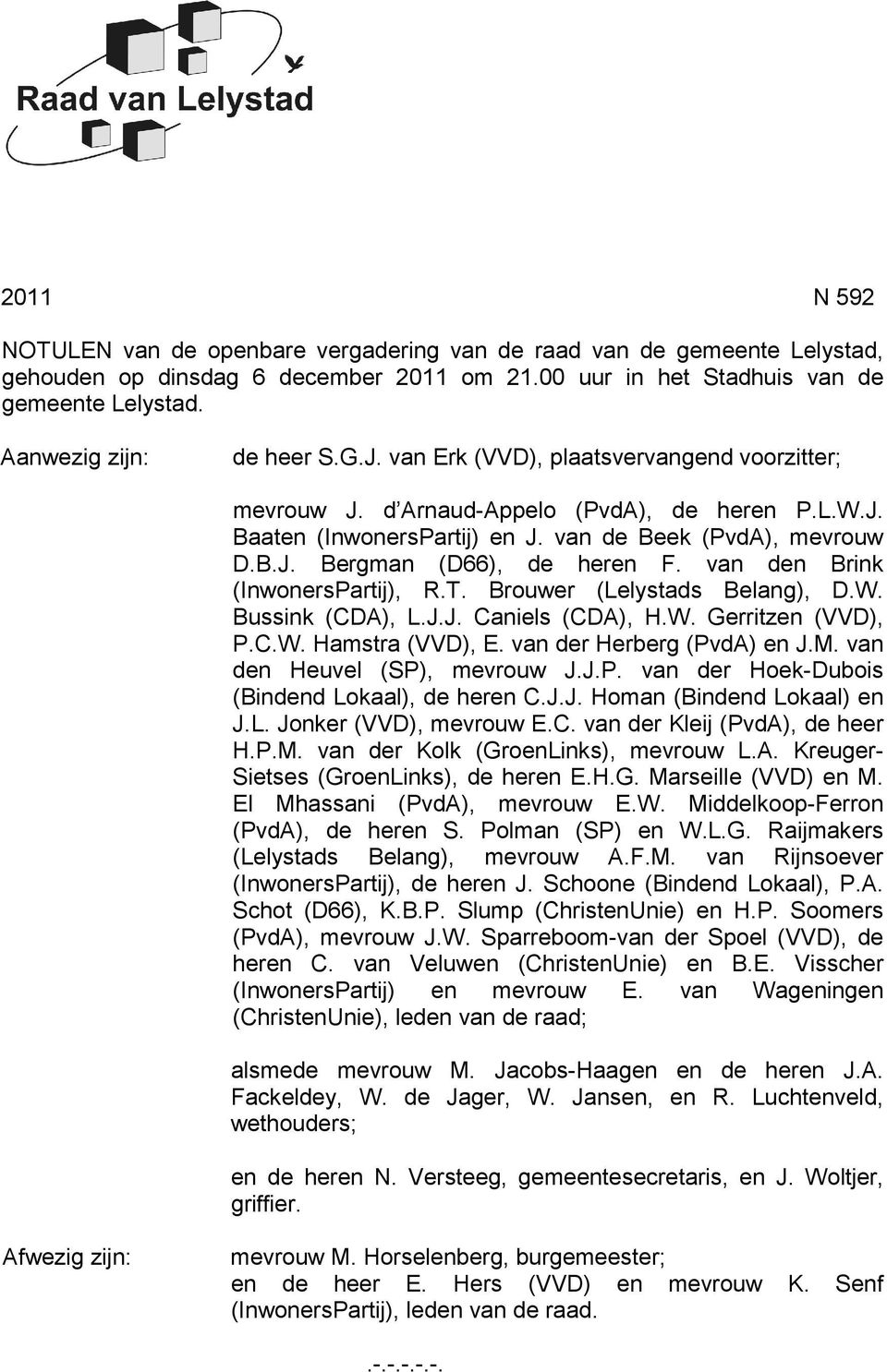 van den Brink (InwonersPartij), R.T. Brouwer (Lelystads Belang), D.W. Bussink (CDA), L.J.J. Caniels (CDA), H.W. Gerritzen (VVD), P.C.W. Hamstra (VVD), E. van der Herberg (PvdA) en J.M.