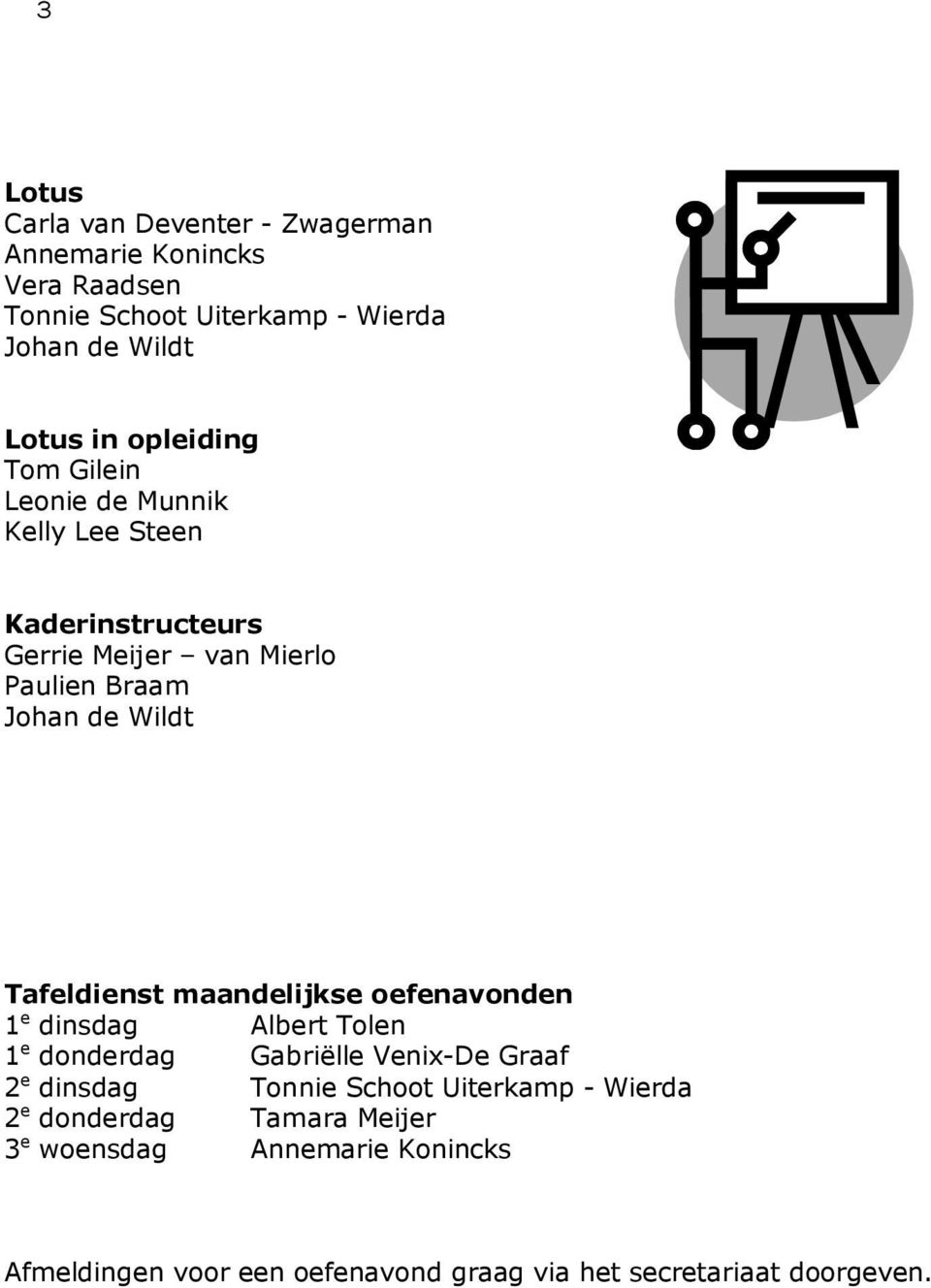 Tafeldienst maandelijkse oefenavonden 1 e dinsdag Albert Tolen 1 e donderdag Gabriëlle Venix-De Graaf 2 e dinsdag Tonnie Schoot