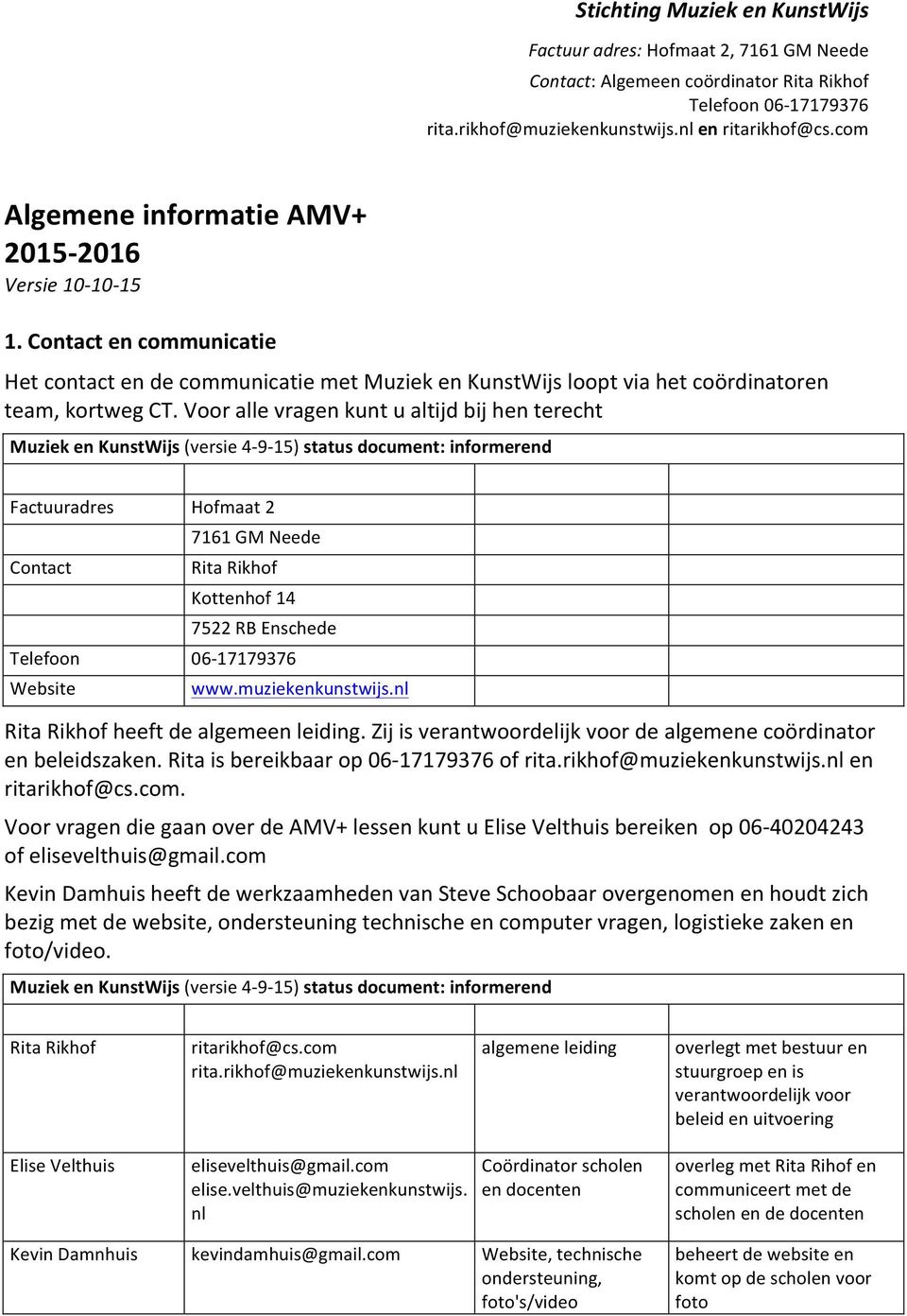 Voor alle vragen kunt u altijd bij hen terecht Muziek en KunstWijs (versie 4-9-15) status document: informerend Factuuradres Hofmaat 2 Contact 7161 GM Neede Rita Rikhof Kottenhof 14 7522 RB Enschede