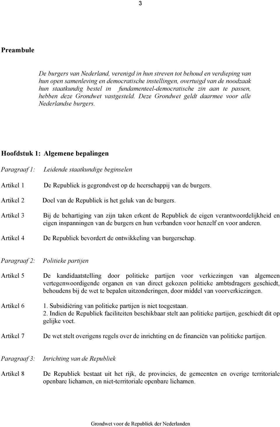 Hoofdstuk 1: Algemene bepalingen Paragraaf 1: Artikel 1 Artikel 2 Artikel 3 Artikel 4 Leidende staatkundige beginselen De Republiek is gegrondvest op de heerschappij van de burgers.