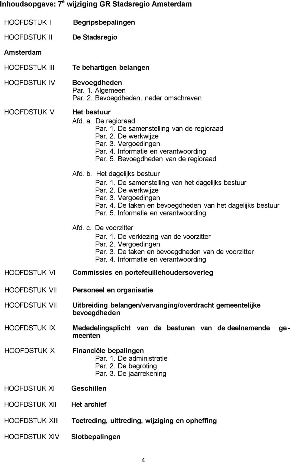 Informatie en verantwoording Par. 5. Bevoegdheden van de regioraad Afd. b. Het dagelijks bestuur Par. 1. De samenstelling van het dagelijks bestuur Par. 2. De werkwijze Par. 3. Vergoedingen Par. 4.