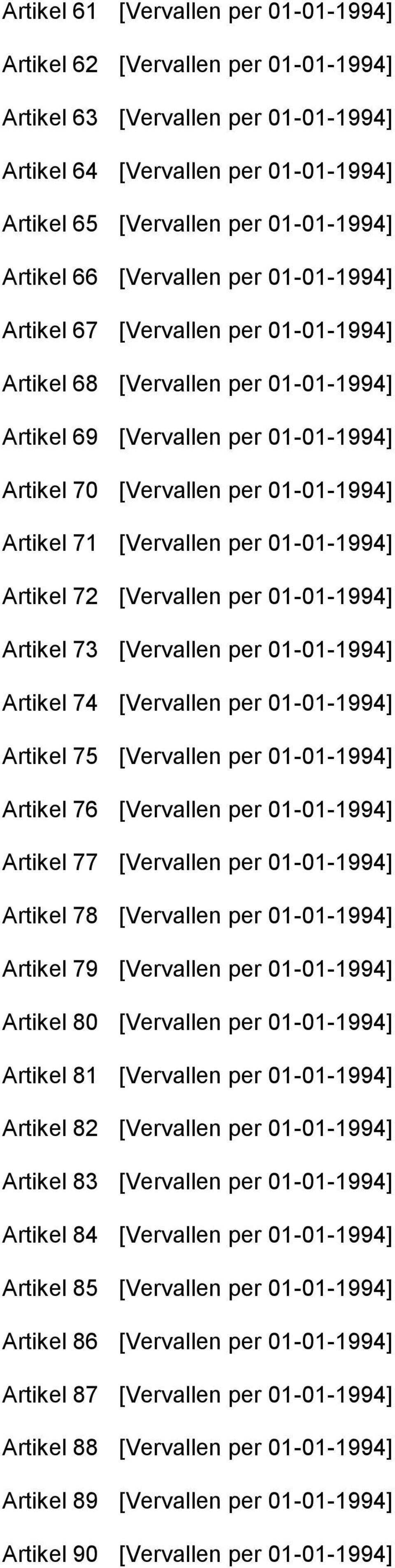 [Vervallen per 01-01-1994] Artikel 72 [Vervallen per 01-01-1994] Artikel 73 [Vervallen per 01-01-1994] Artikel 74 [Vervallen per 01-01-1994] Artikel 75 [Vervallen per 01-01-1994] Artikel 76