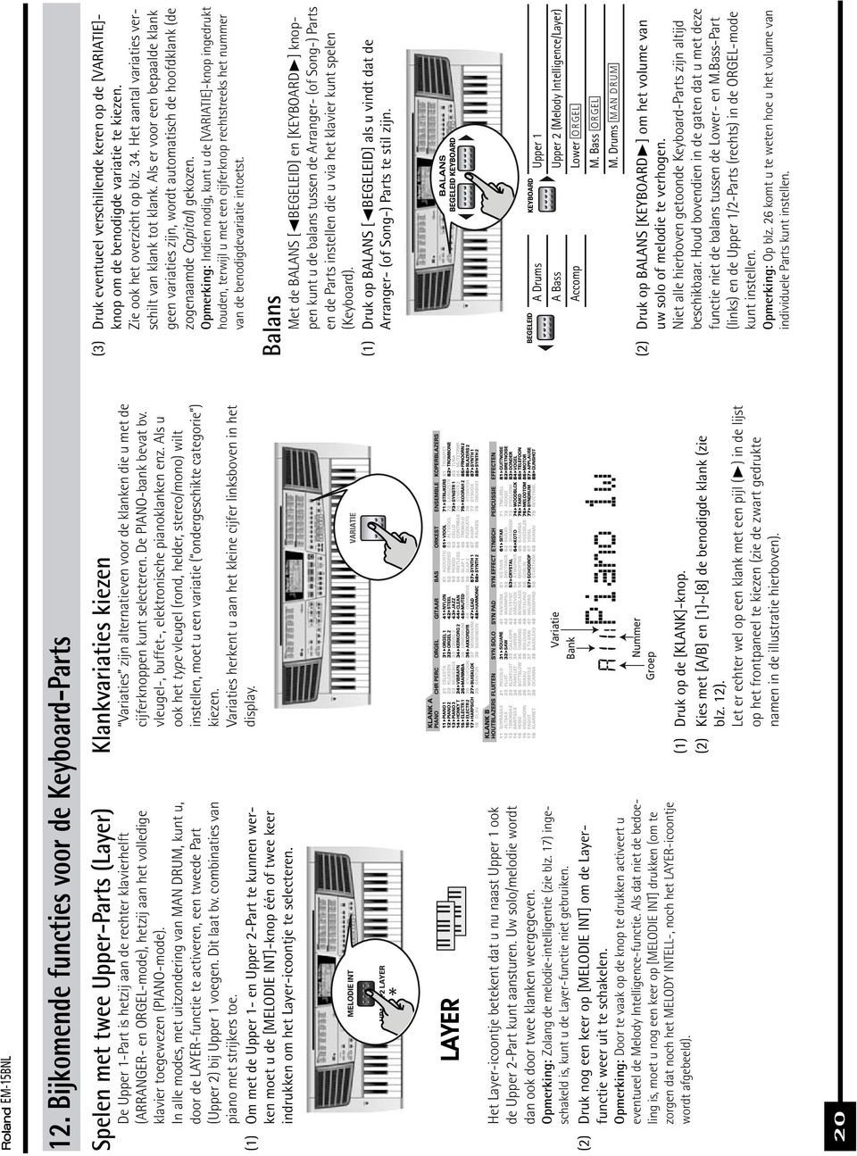 toegewezen (PIAN-mode). In alle modes, met uitzondering van MAN DRUM, kunt u, door de LAYER-functie te activeren, een tweede Part (Upper 2) bij Upper 1 voegen. Dit laat bv.