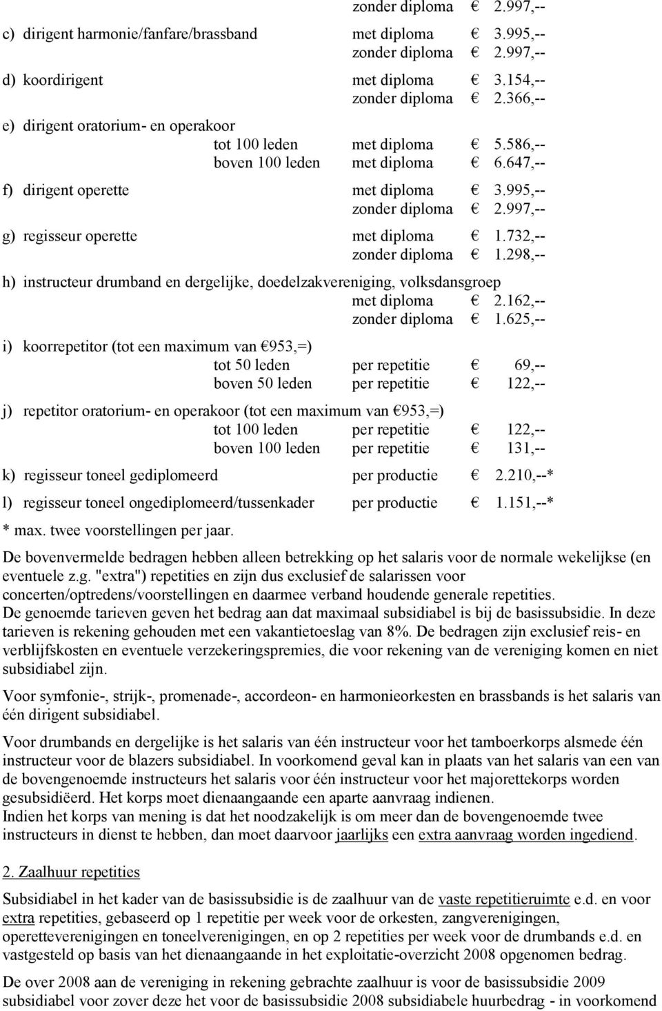 298,-- h) instructeur drumband en dergelijke, doedelzakvereniging, volksdansgroep met diploma 2.162,-- zonder diploma 1.