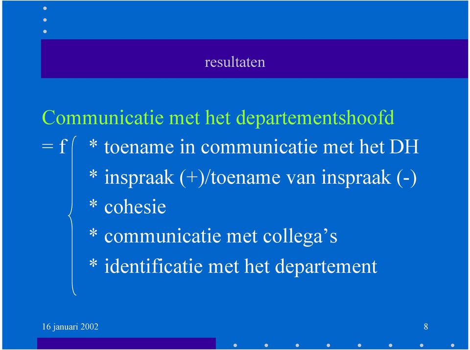 (+)/toename van inspraak (-) * cohesie * communicatie