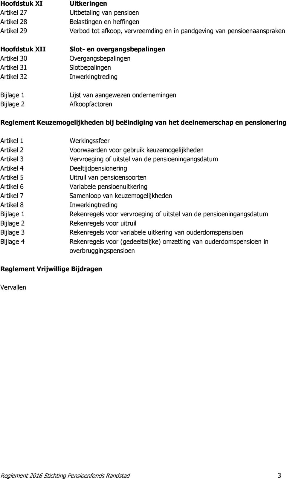 Keuzemogelijkheden bij beëindiging van het deelnemerschap en pensionering Artikel 1 Artikel 2 Artikel 3 Artikel 4 Artikel 5 Artikel 6 Artikel 7 Artikel 8 Bijlage 1 Bijlage 2 Bijlage 3 Bijlage 4