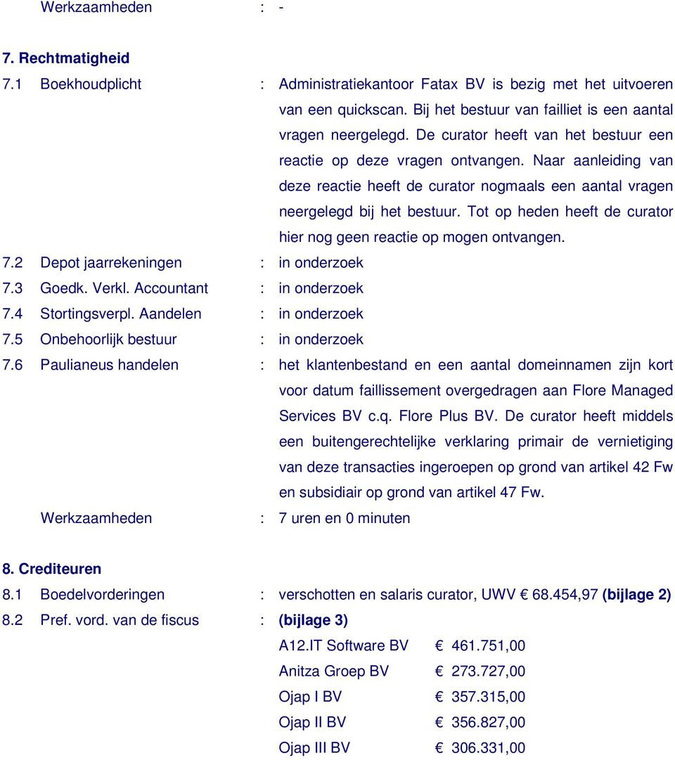 Tot op heden heeft de curator hier nog geen reactie op mogen ontvangen. 7.2 Depot jaarrekeningen : in onderzoek 7.3 Goedk. Verkl. Accountant : in onderzoek 7.4 Stortingsverpl.