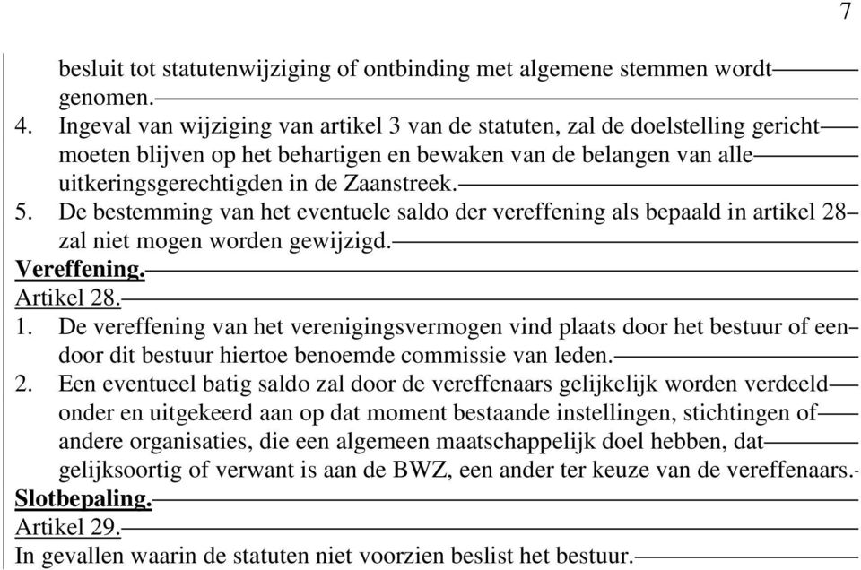 De bestemming van het eventuele saldo der vereffening als bepaald in artikel 28 zal niet mogen worden gewijzigd. Vereffening. Artikel 28. 1.