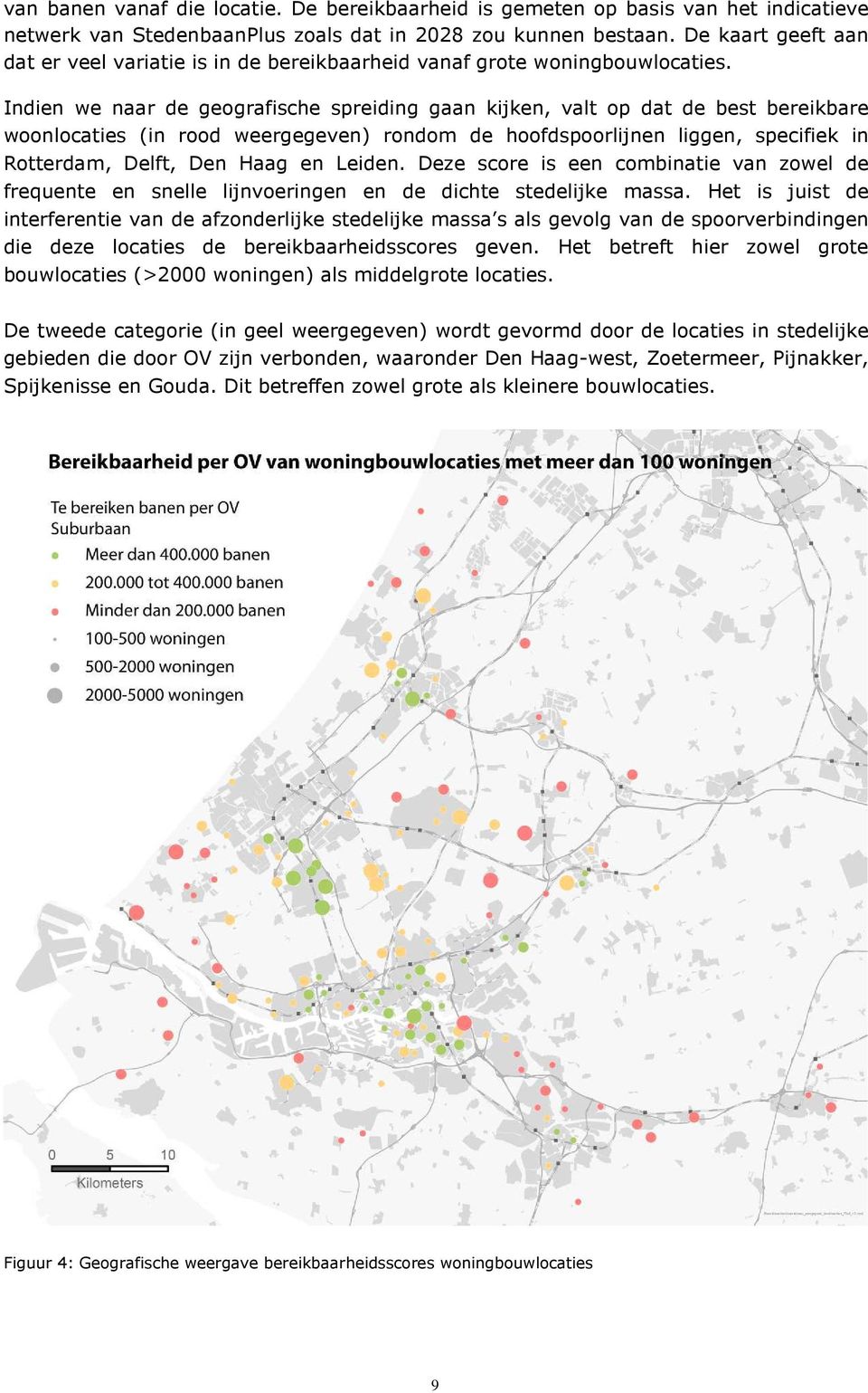 Indien we naar de geografische spreiding gaan kijken, valt op dat de best bereikbare woonlocaties (in rood weergegeven) rondom de hoofdspoorlijnen liggen, specifiek in Rotterdam, Delft, Den Haag en