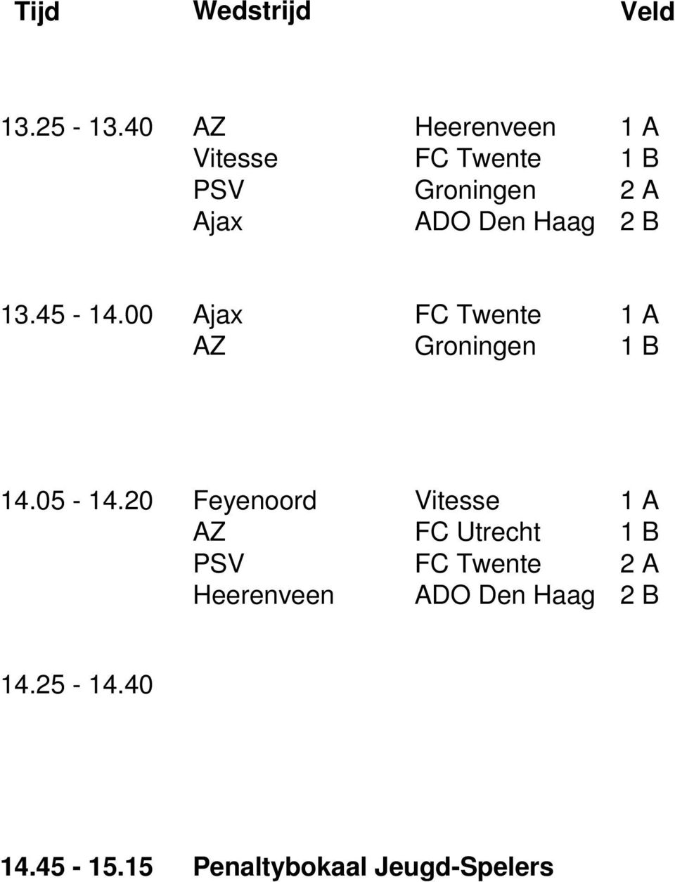 Haag 2 B 13.45-14.00 Ajax FC Twente 1 A AZ Groningen 1 B 14.05-14.