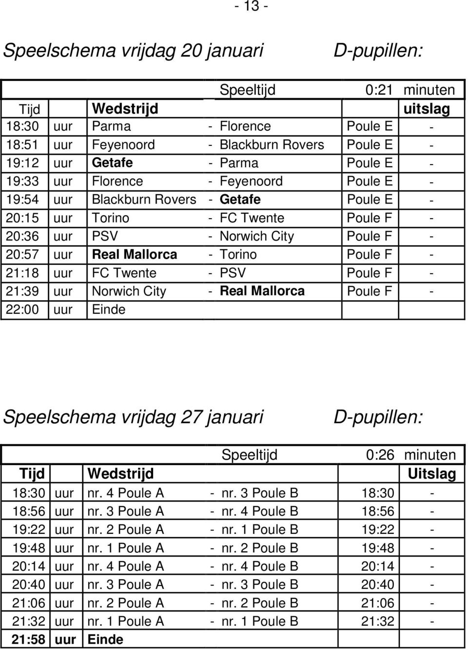 Mallorca - Torino Poule F - 21:18 uur FC Twente - PSV Poule F - 21:39 uur Norwich City - Real Mallorca Poule F - 22:00 uur Einde Speelschema vrijdag 27 januari D-pupillen: Speeltijd 0:26 minuten Tijd