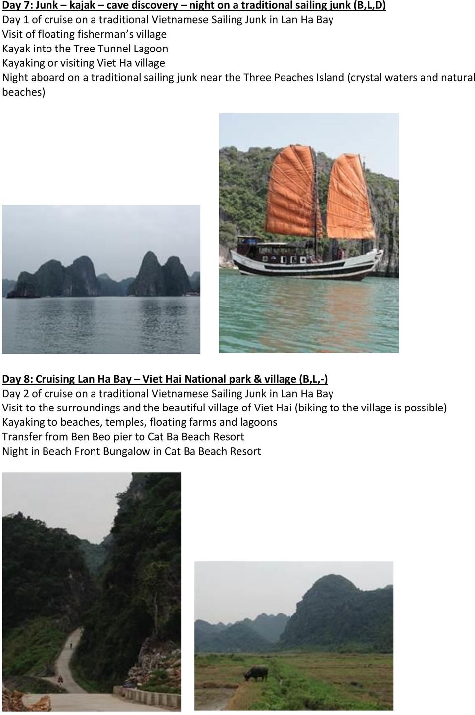 Lan Ha Bay Viet Hai National park & village (B,L,-) Day 2 of cruise on a traditional Vietnamese Sailing Junk in Lan Ha Bay Visit to the surroundings and the beautiful village of Viet Hai