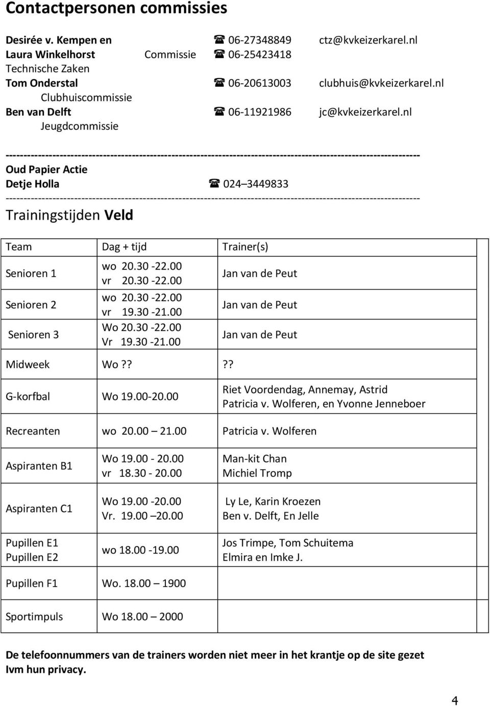 nl clubhuis@kvkeizerkarel.nl jc@kvkeizerkarel.nl Oud Papier Actie Detje Holla 024 3449833 Trainingstijden Veld Team Dag + tijd Trainer(s) Senioren 1 Senioren 2 Senioren 3 wo 20.30 22.00 vr 20.30 22.00 wo 20.