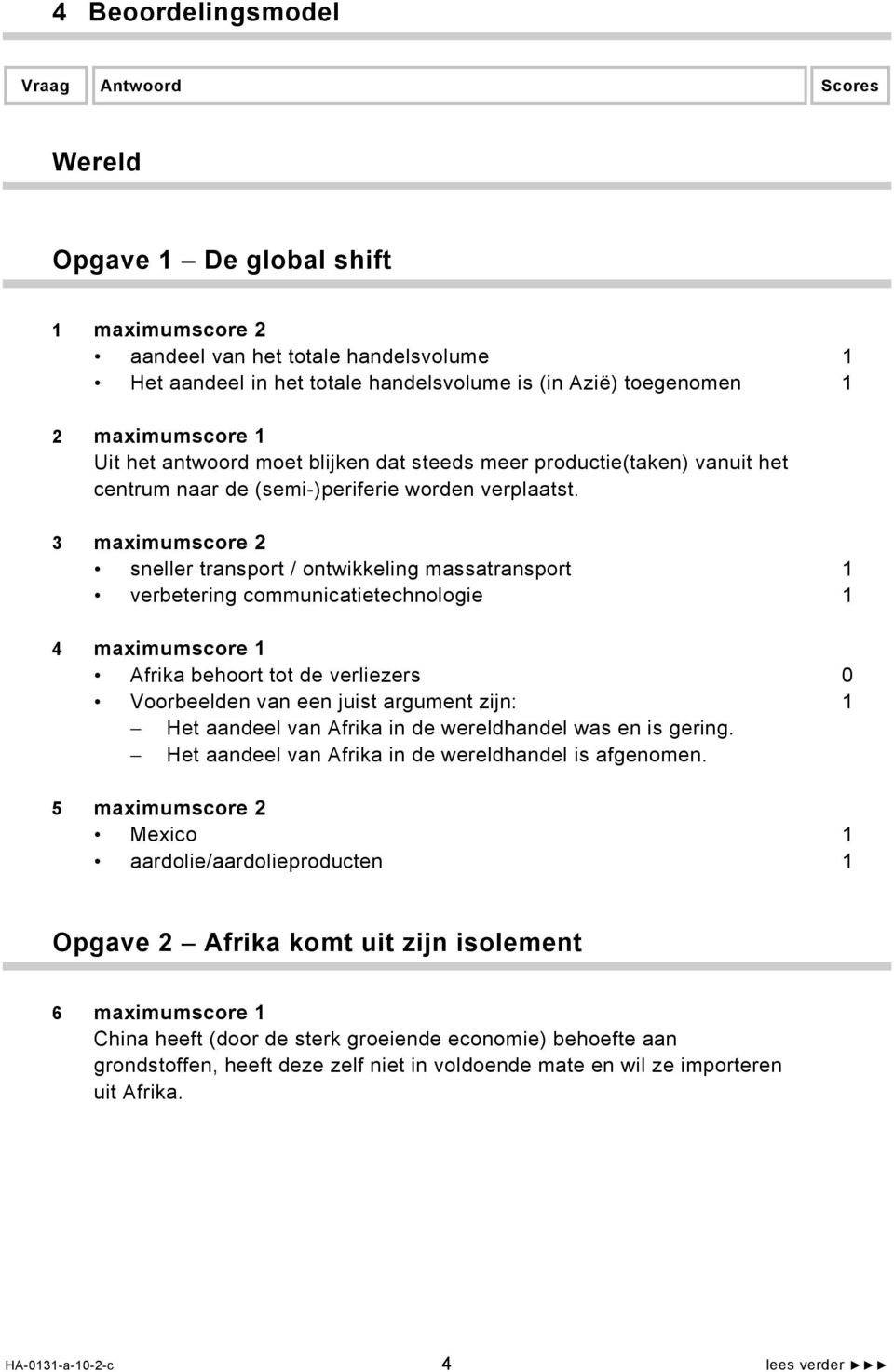 3 maximumscore 2 sneller transport / ontwikkeling massatransport 1 verbetering communicatietechnologie 1 4 maximumscore 1 Afrika behoort tot de verliezers 0 Voorbeelden van een juist argument zijn: 1