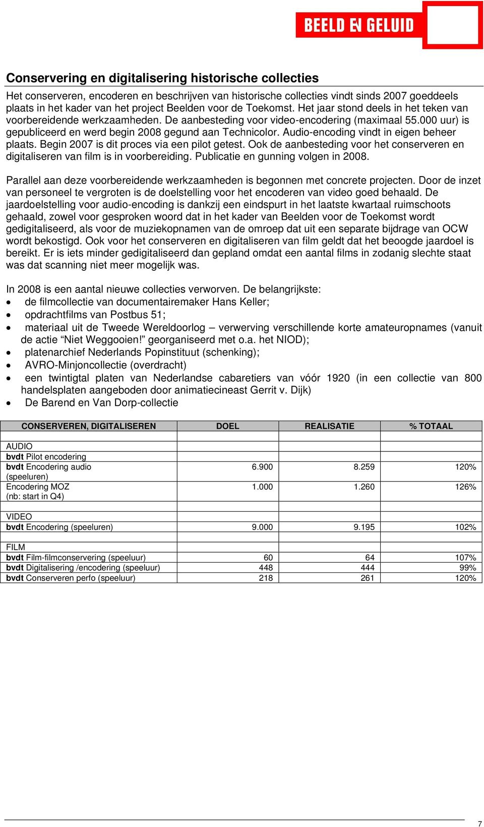 Audio-encoding vindt in eigen beheer plaats. Begin 2007 is dit proces via een pilot getest. Ook de aanbesteding voor het conserveren en digitaliseren van film is in voorbereiding.