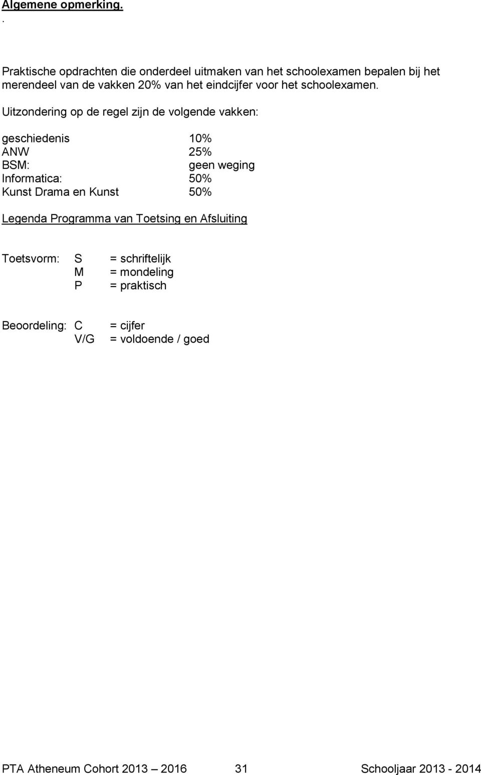 weging Informatica: 50% Kunst Drama en Kunst 50% Legenda Programma van Toetsing en Afsluiting Toetsvorm: S = schriftelijk