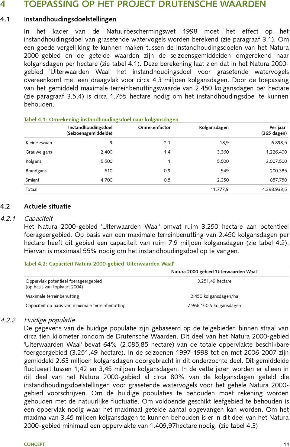 Om een goede vergelijking te kunnen maken tussen de instandhoudingsdoelen van het Natura 2000-gebied en de getelde waarden zijn de seizoensgemiddelden omgerekend naar kolgansdagen per hectare (zie