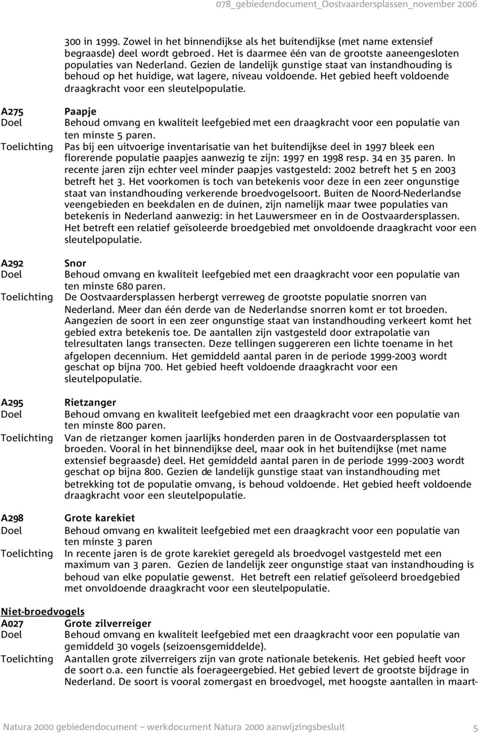 A275 A292 A295 A298 Paapje ten minste 5 paren. Pas bij een uitvoerige inventarisatie van het buitendijkse deel in 1997 bleek een florerende populatie paapjes aanwezig te zijn: 1997 en 1998 resp.