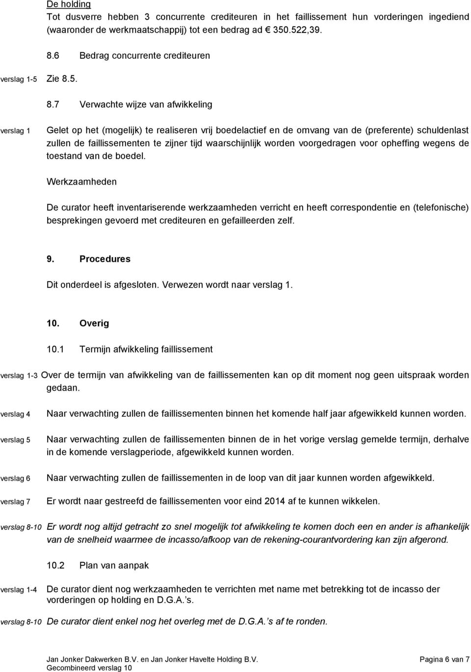 7 Verwachte wijze van afwikkeling verslag 1 Gelet op het (mogelijk) te realiseren vrij boedelactief en de omvang van de (preferente) schuldenlast zullen de faillissementen te zijner tijd