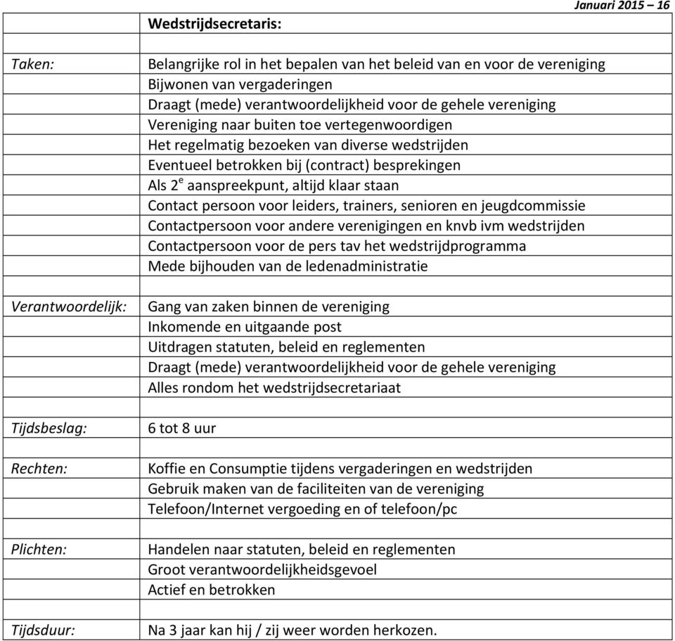 besprekingen Als 2 e aanspreekpunt, altijd klaar staan Contact persoon voor leiders, trainers, senioren en jeugdcommissie Contactpersoon voor andere verenigingen en knvb ivm wedstrijden