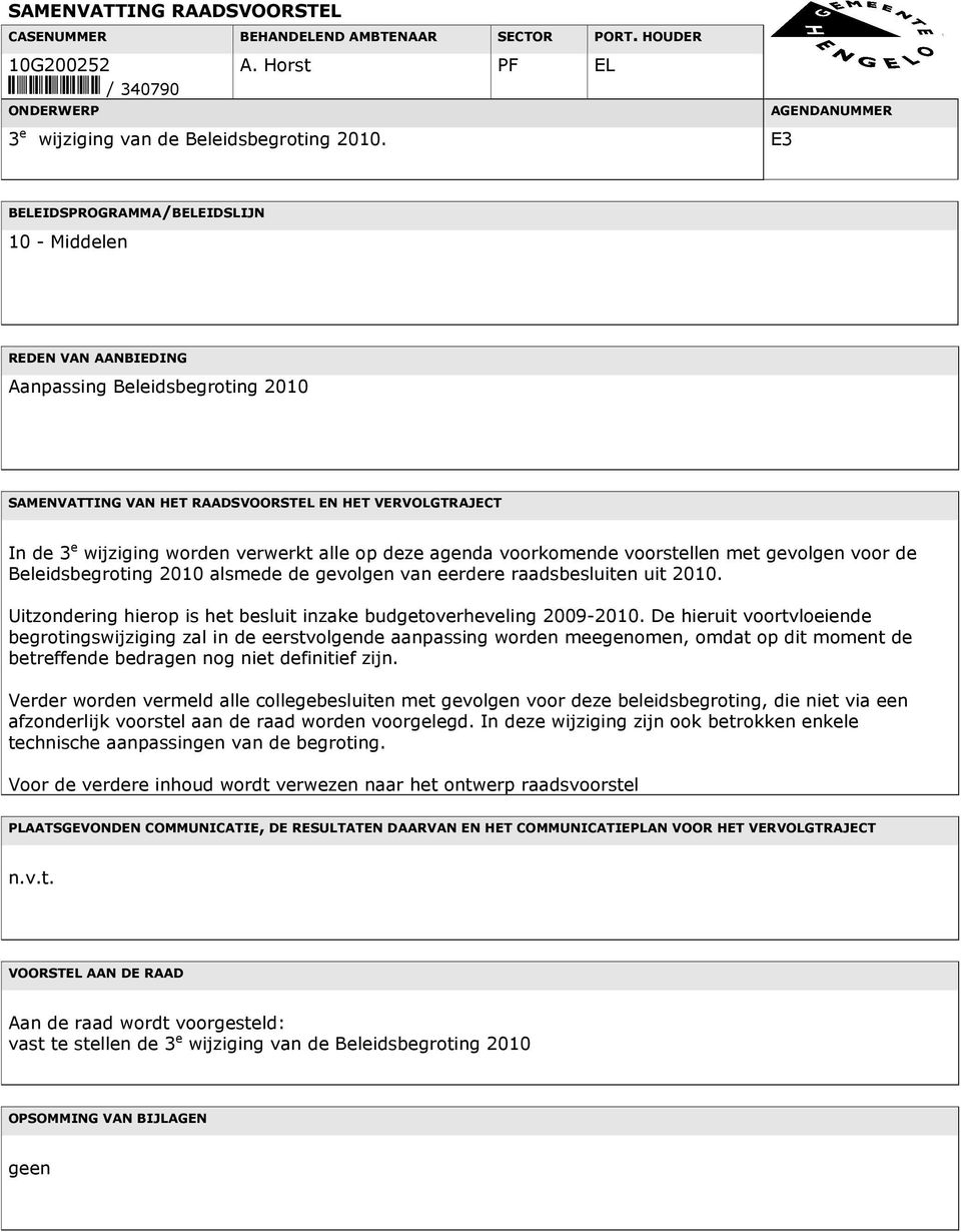 verwerkt alle op deze agda voorkomde voorstell met gevolg voor de Beleidsbegroting 2010 alsmede de gevolg van eerdere raadsbesluit uit 2010.