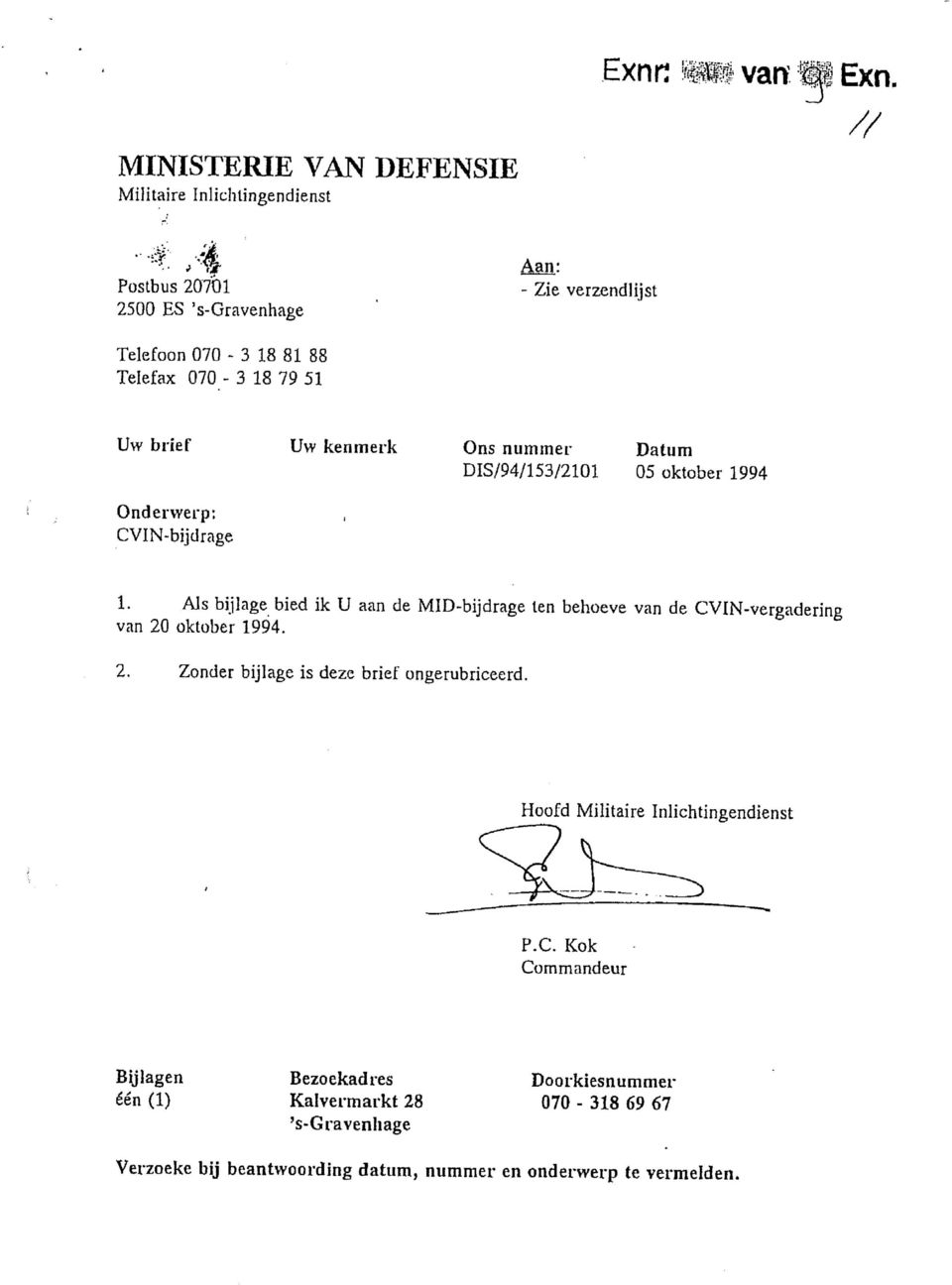 51 Uw brief Uw kenmerk Ons nummer Datum DIS/94/153/2101 05 oktober 1994 Onderwerp: CVIN-bijdrage 1.