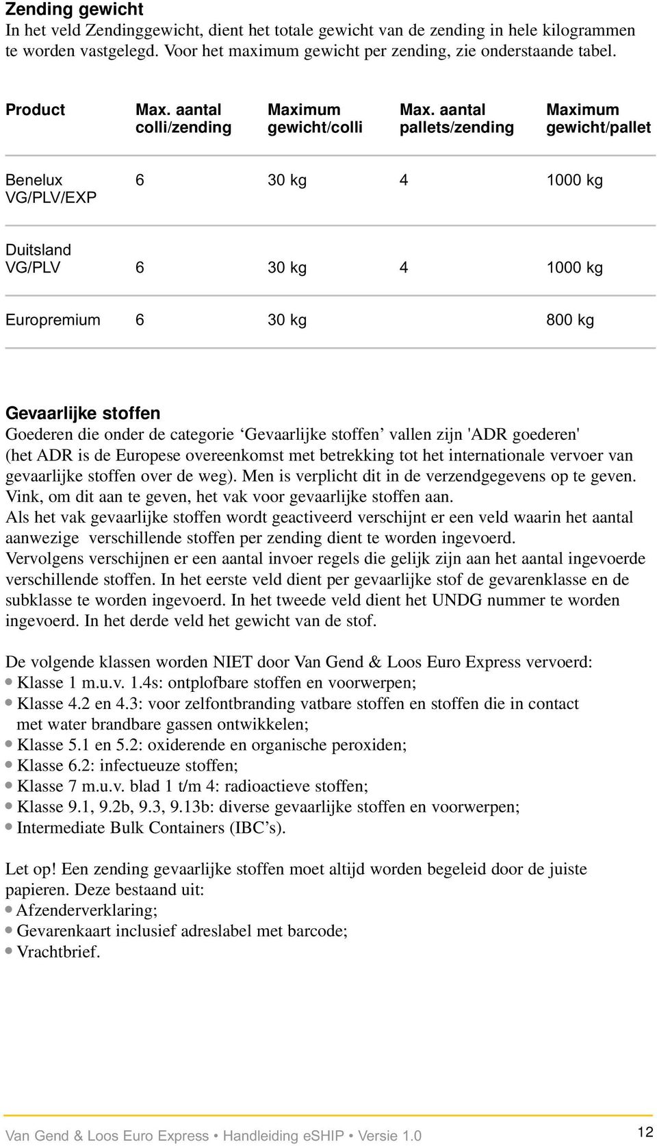 aantal Maximum colli/zending gewicht/colli pallets/zending gewicht/pallet Benelux 6 30 kg 4 1000 kg VG/PLV/EXP Duitsland VG/PLV 6 30 kg 4 1000 kg Europremium 6 30 kg 800 kg Gevaarlijke stoffen