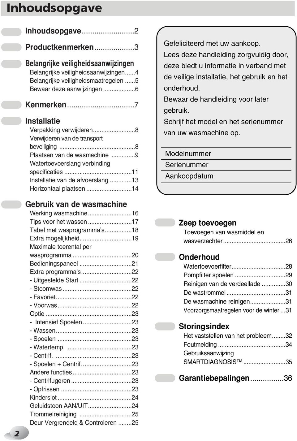 ..11 Installatie van de afvoerslang...13 Horizontaal plaatsen...14 Gebruik van de wasmachine Werking wasmachine...16 Tips voor het wassen...17 Tabel met wasprogramma s...18 Extra mogelijkheid.