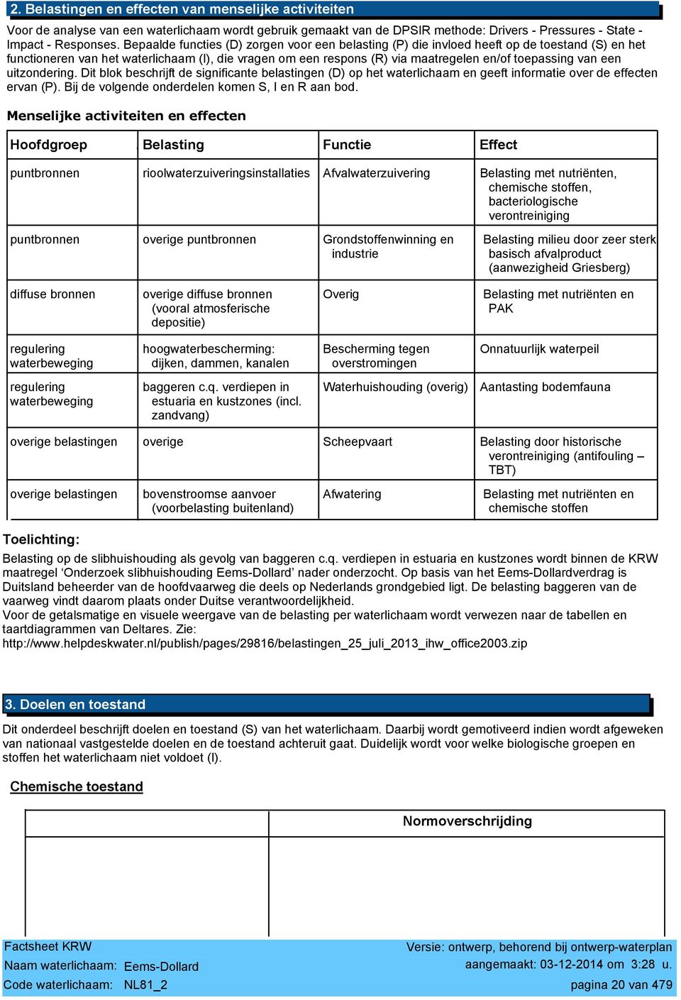 van een uitzondering. Dit blok beschrijft de significante belastingen (D) op het waterlichaam en geeft informatie over de effecten ervan (P). Bij de volgende onderdelen komen S, I en R aan bod.