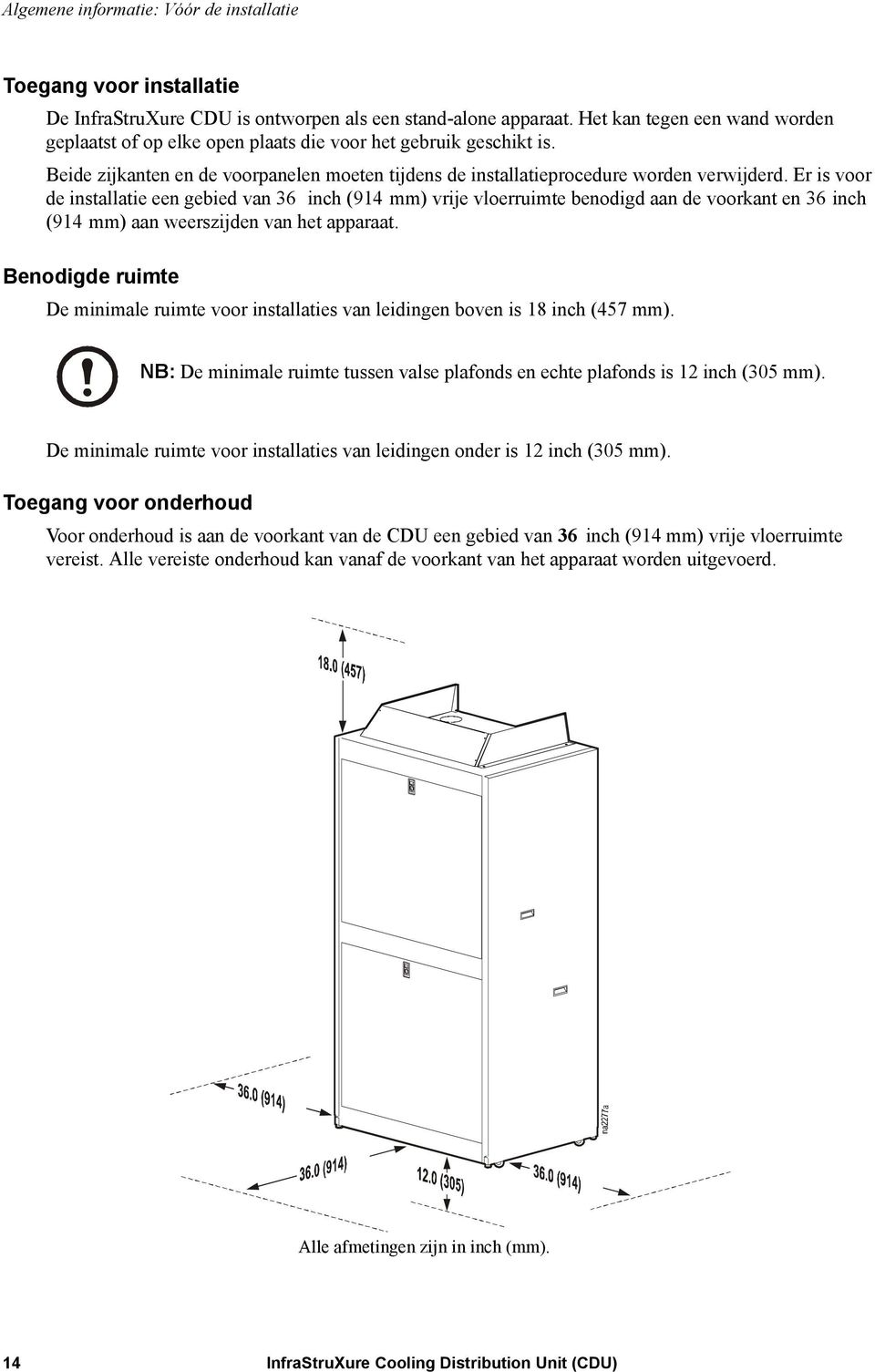 Er is voor de installatie een gebied van 36 inch (914 mm) vrije vloerruimte benodigd aan de voorkant en 36 inch (914 mm) aan weerszijden van het apparaat.