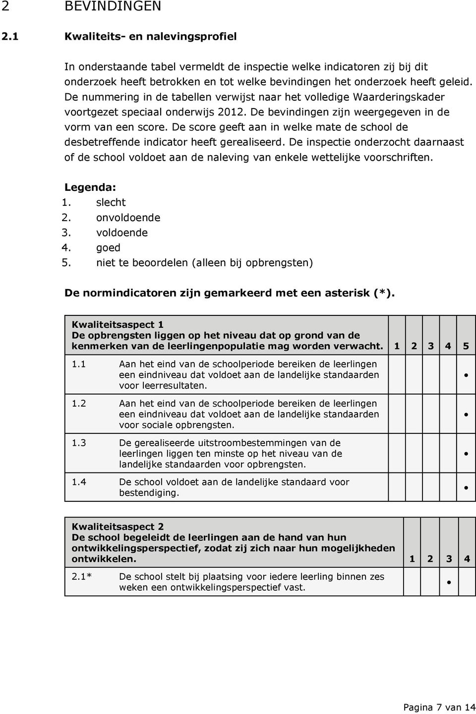 De nummering in de tabellen verwijst naar het volledige Waarderingskader voortgezet speciaal onderwijs 2012. De bevindingen zijn weergegeven in de vorm van een score.