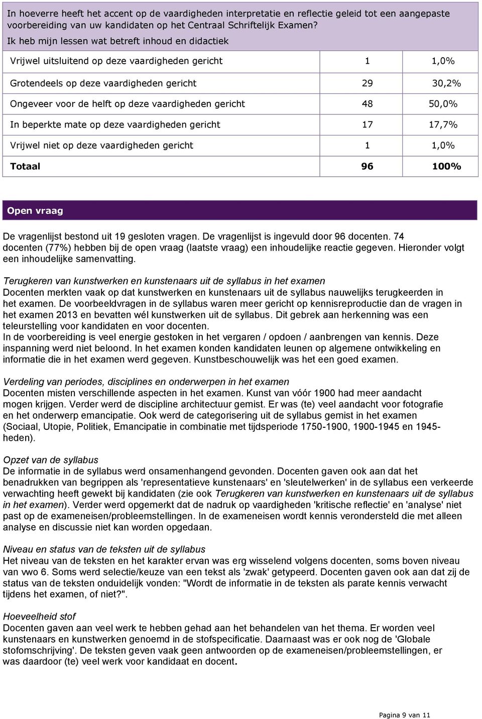 vaardigheden gericht 48 50,0% In beperkte mate op deze vaardigheden gericht 17 17,7% Vrijwel niet op deze vaardigheden gericht 1 1,0% Open vraag De vragenlijst bestond uit 19 gesloten vragen.