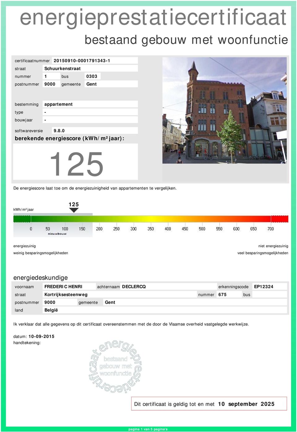 kwh/m²jaar 125 weinig besparingsmogelijkheden veel besparingsmogelijkheden energiedeskundige voornaam FREDERIC HENRI achternaam DECLERCQ erkenningscode EP12324 straat