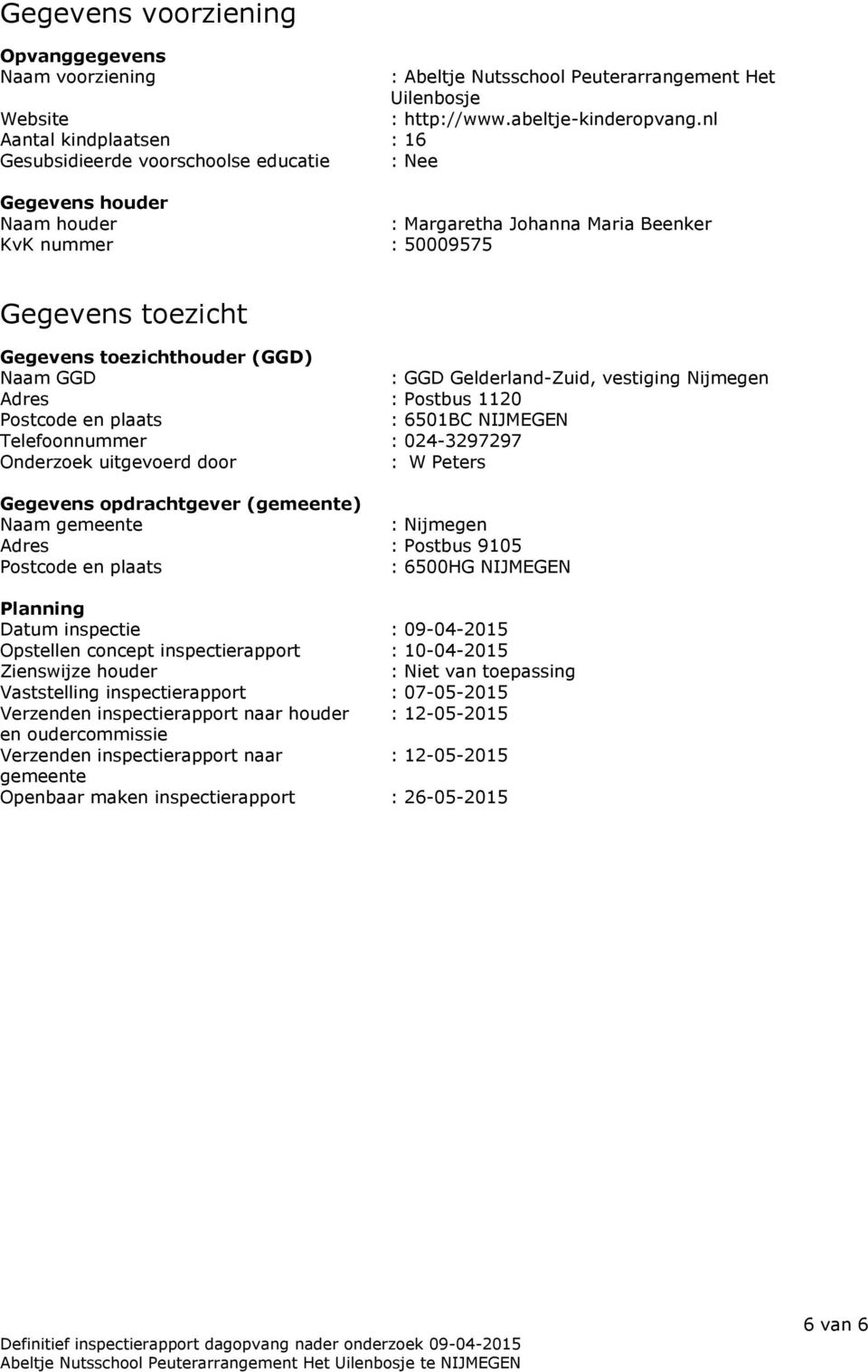 nl Gegevens houder Naam houder : Margaretha Johanna Maria Beenker KvK nummer : 50009575 Gegevens toezicht Gegevens toezichthouder (GGD) Naam GGD : GGD Gelderland-Zuid, vestiging Nijmegen Adres :