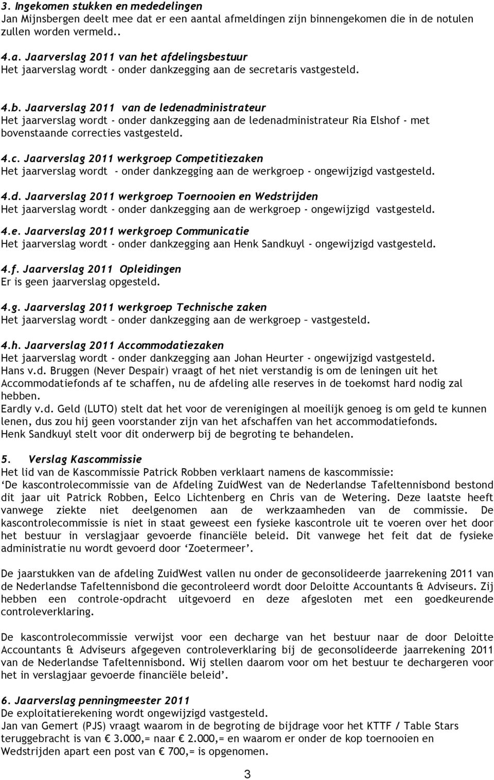 rrecties vastgesteld. 4.c. Jaarverslag 2011 werkgroep Competitiezaken Het jaarverslag wordt - onder dankzegging aan de werkgroep - ongewijzigd vastgesteld. 4.d. Jaarverslag 2011 werkgroep Toernooien en Wedstrijden Het jaarverslag wordt - onder dankzegging aan de werkgroep - ongewijzigd vastgesteld.