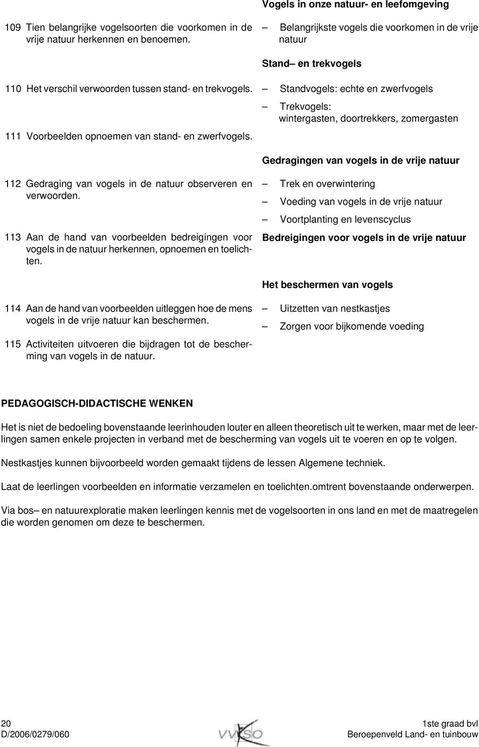 Standvogels: echte en zwerfvogels Trekvogels: wintergasten, doortrekkers, zomergasten Gedragingen van vogels in de vrije natuur 112 Gedraging van vogels in de natuur observeren en verwoorden.