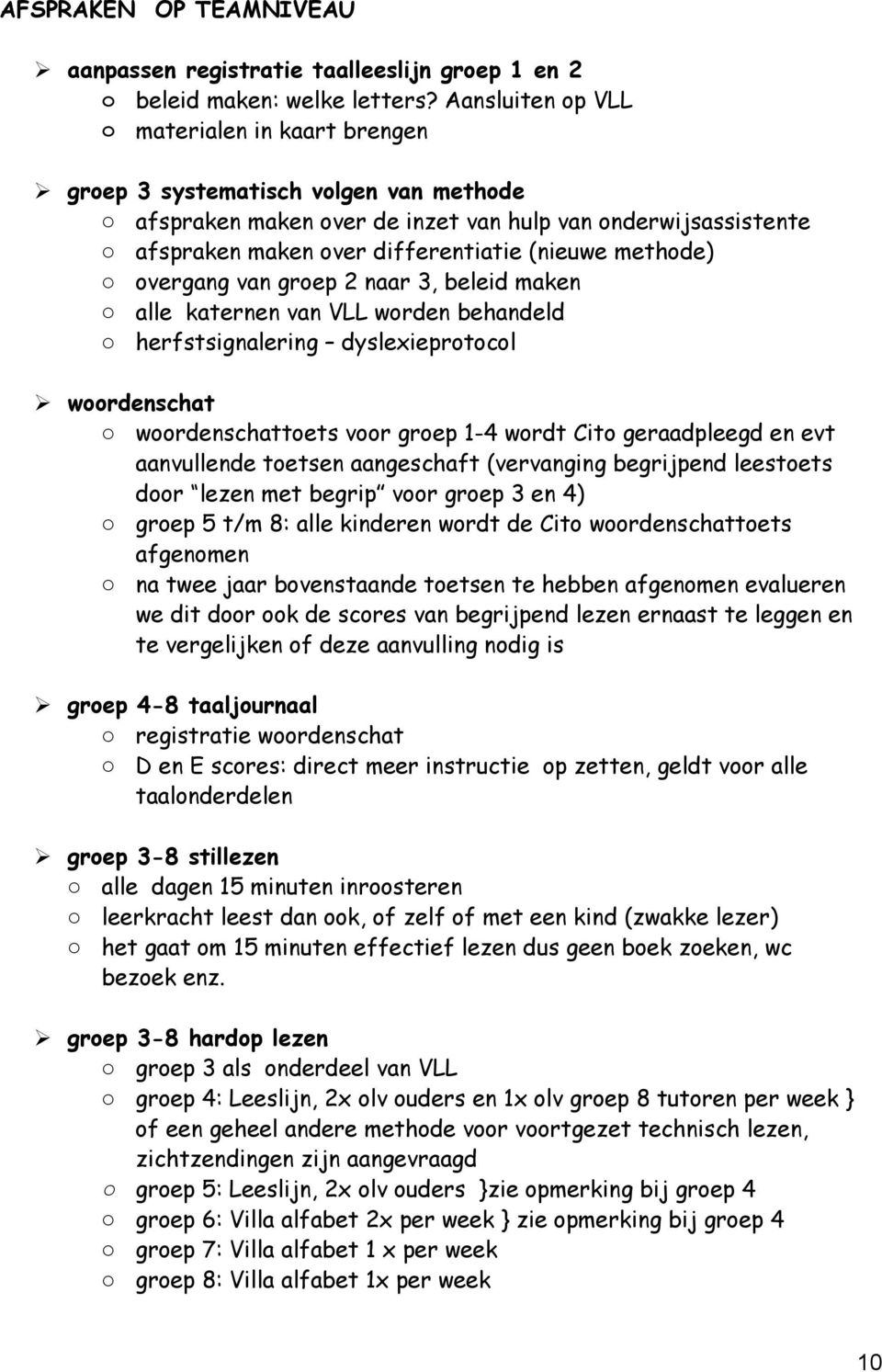 methode) o overgang van groep 2 naar 3, beleid maken o alle katernen van VLL worden behandeld o herfstsignalering dyslexieprotocol woordenschat o woordenschattoets voor groep 1-4 wordt Cito