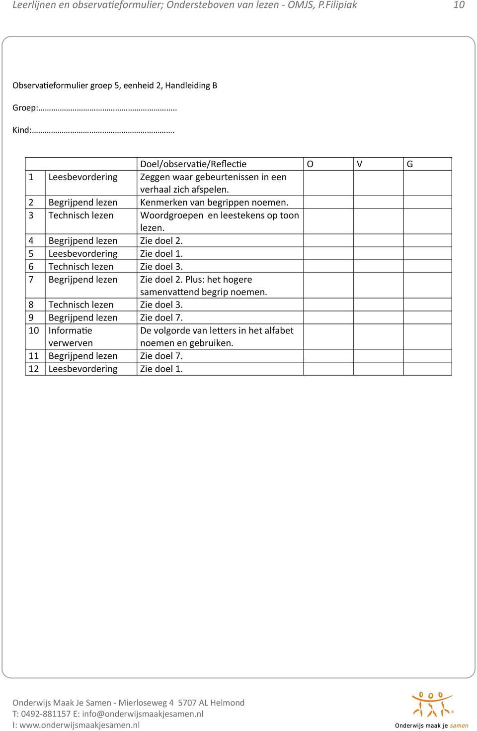 afspelen. 2 Begrijpend Kenmerken van begrippen noemen. 3 Technisch Woordgroepen en leestekens op toon. 4 Begrijpend Zie doel 2. 5 Leesbevordering Zie doel 1.