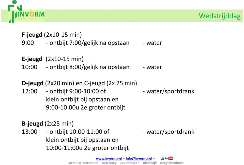 9:00-10:00 of - water/sportdrank kleinontbijtbijopstaanen 9:00-10:00u 2e groter ontbijt B-jeugd(2x25