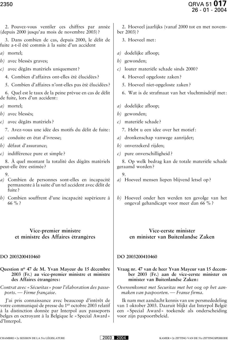 Hoeveel jaarlijks (vanaf 2000 tot en met november 2003)? 3. Hoeveel met: c) avec dégâts matériels uniquement? c) louter materiële schade sinds 2000? 4. Combien d affaires ont-elles été élucidées? 4. Hoeveel opgeloste zaken?